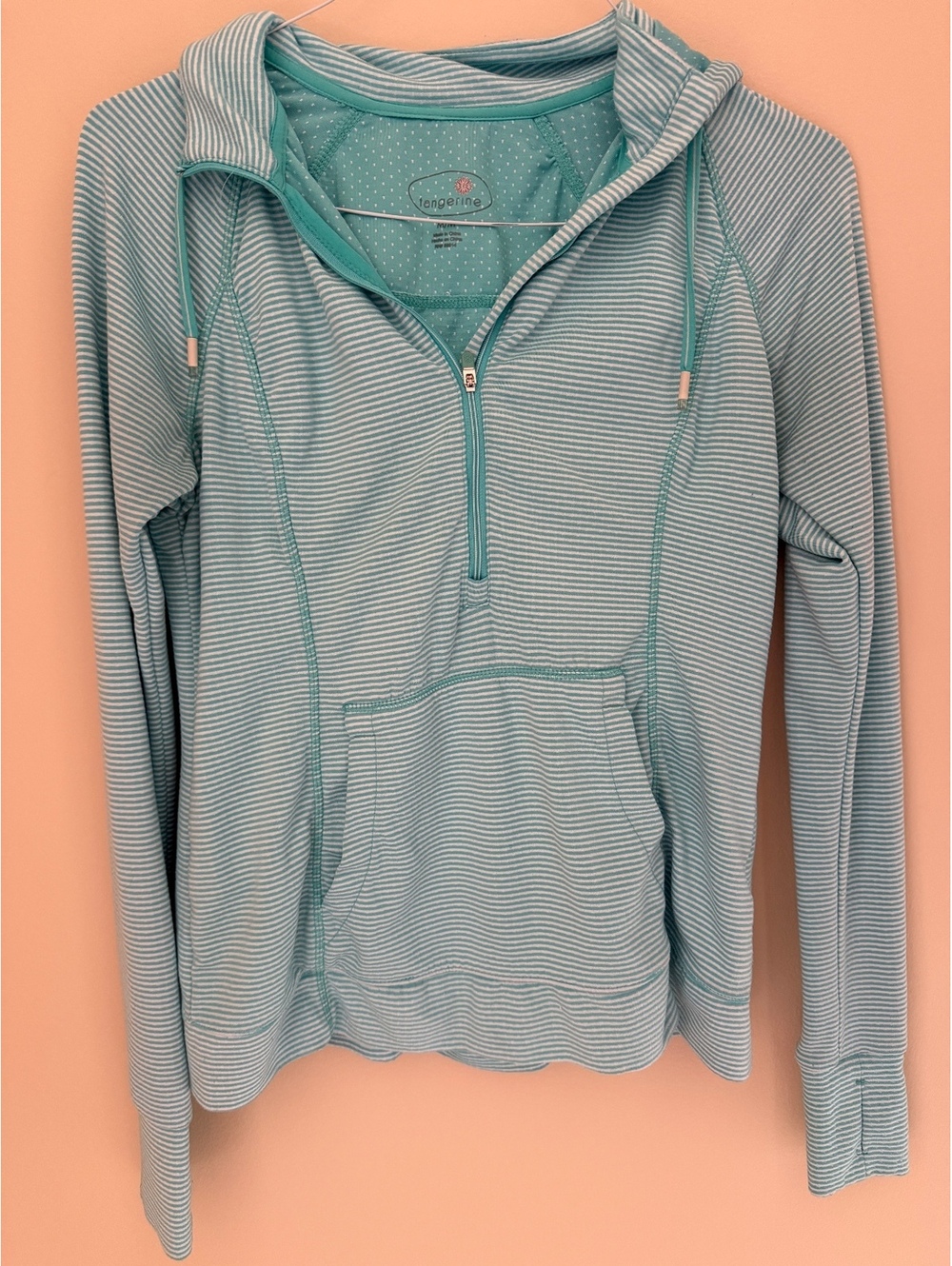 M stretchy hoodie, Tangerine, half zip, turquoise w/ stripes